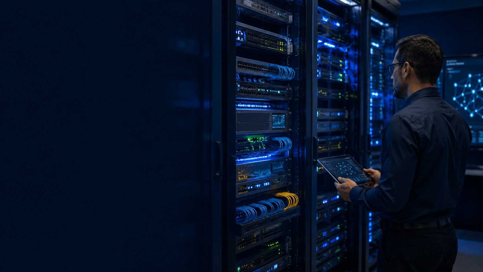 Ingeniero revisando racks y equipos de red